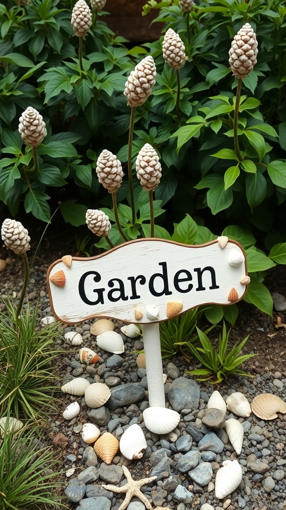A garden sign reading 'Garden' decorated with seashells, surrounded by pebbles and plants.
