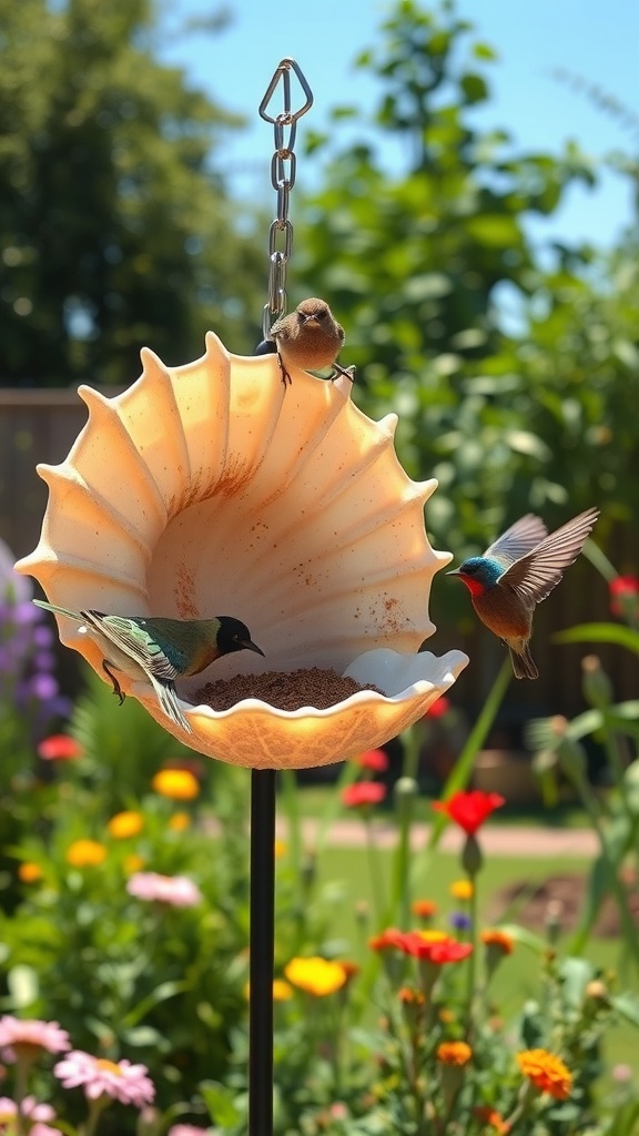 A seashell bird feeder with two colorful birds feeding, surrounded by blooming flowers in a garden.