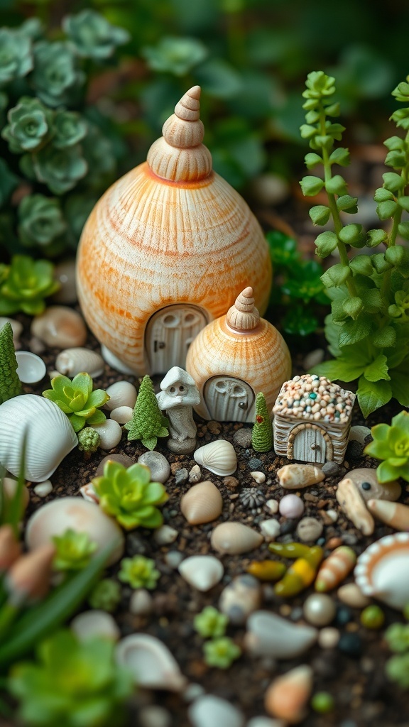 A whimsical seashell fairy garden featuring shell-shaped houses, miniature trees, and colorful stones.