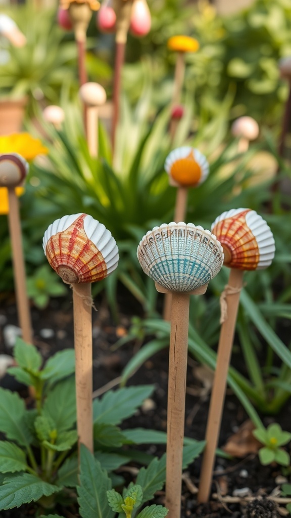 Colorful seashell garden stakes among green plants