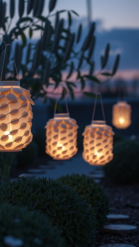 A series of seashell lanterns hanging in a garden, glowing softly at dusk.