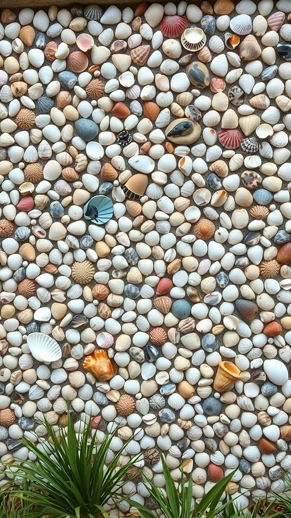 A colorful mosaic wall made of various seashells and pebbles, with green plants at the bottom.