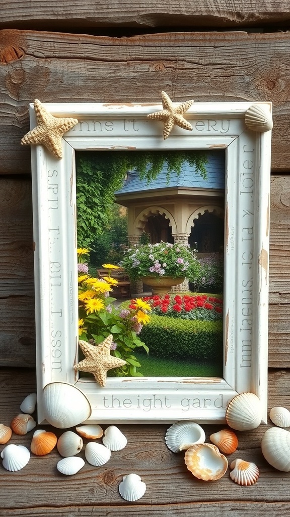 A seashell picture frame displaying a garden scene, surrounded by various seashells and starfish on a wooden surface.