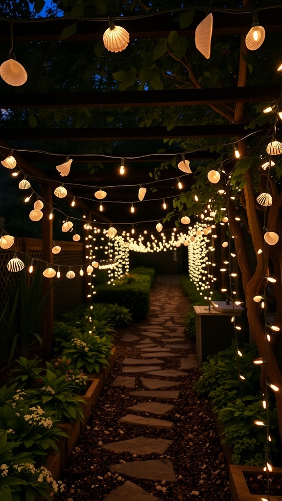 A garden pathway illuminated by seashell string lights, creating a magical evening atmosphere.