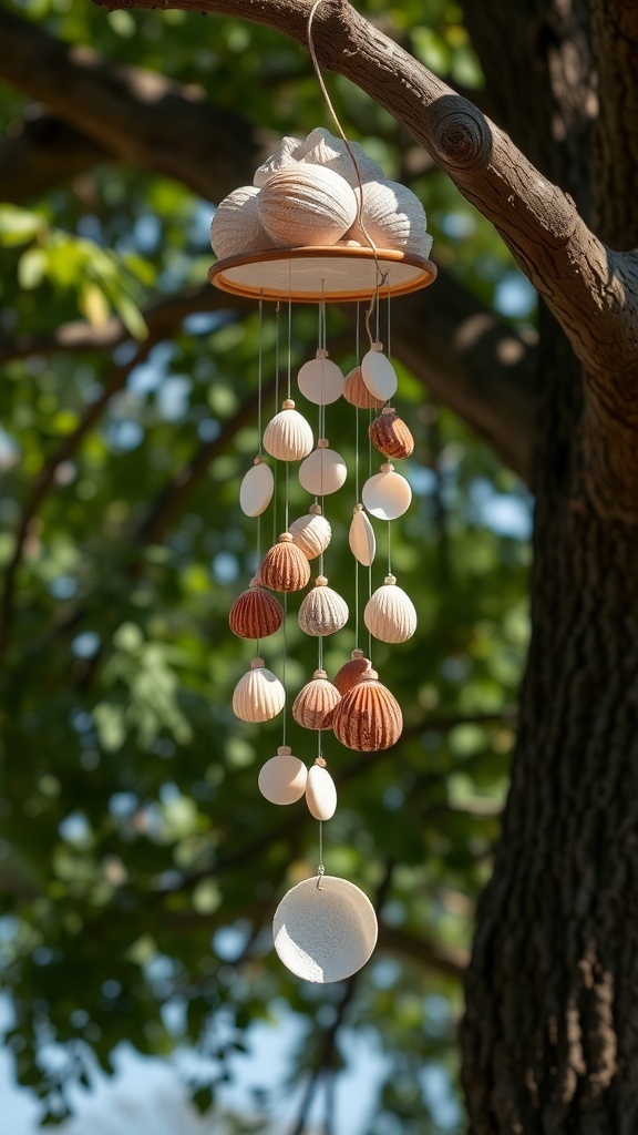 Seashell wind chimes hanging from a tree branch, featuring various seashells in different colors and shapes.