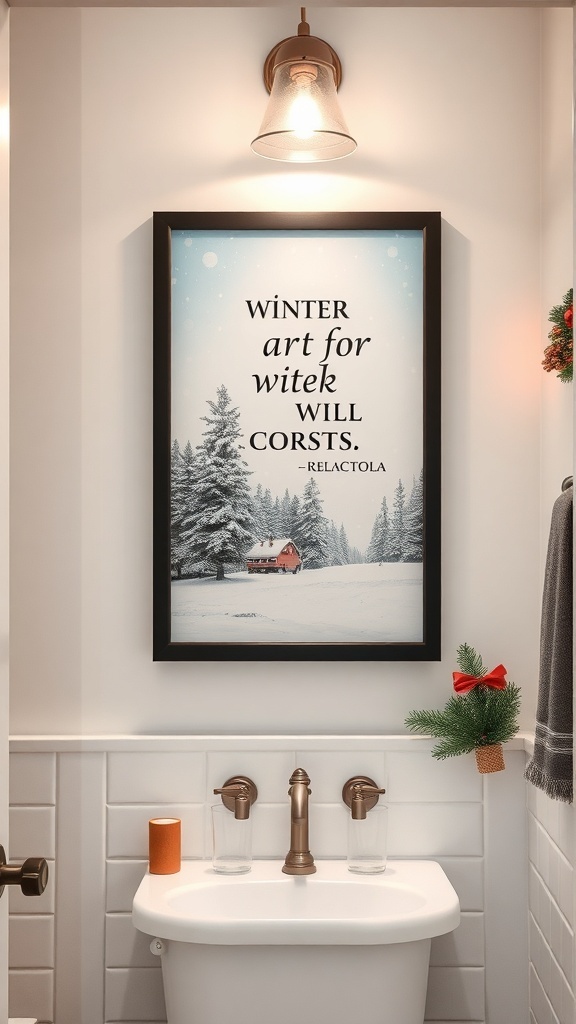 A framed winter art print featuring a snowy landscape with a cozy cabin, displayed in a bathroom setting.
