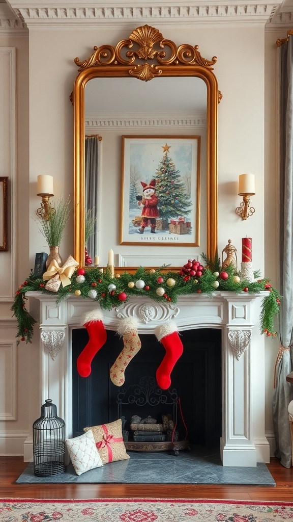 A beautifully decorated mantel with a golden mirror and seasonal artwork featuring a Christmas tree and Santa.