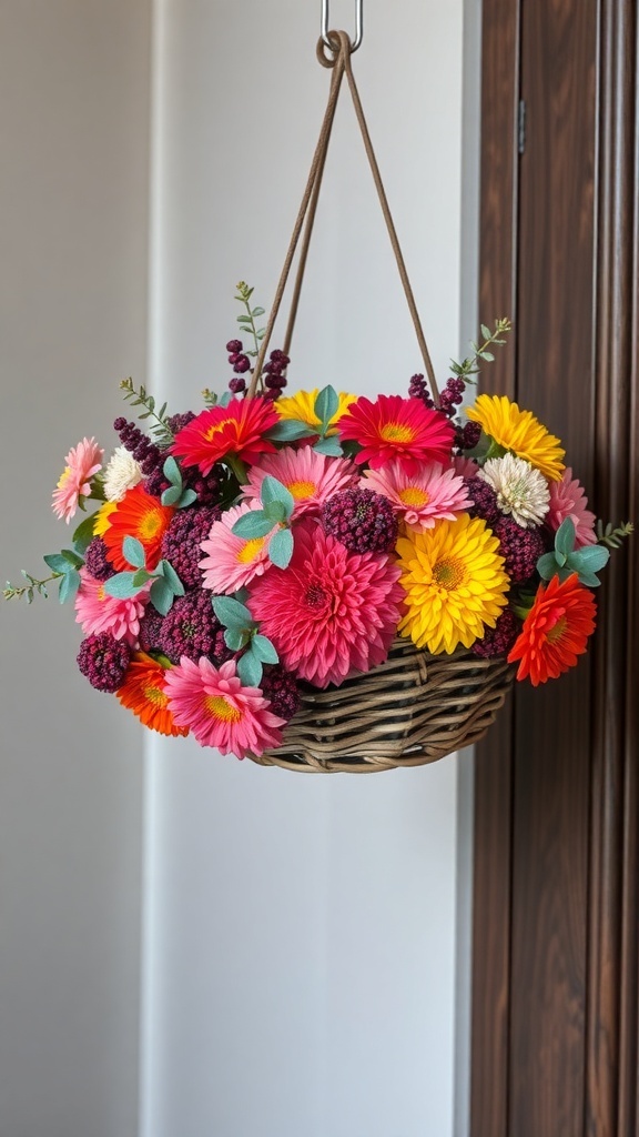 A vibrant seasonal basket door hanger filled with colorful flowers, hanging by a door.