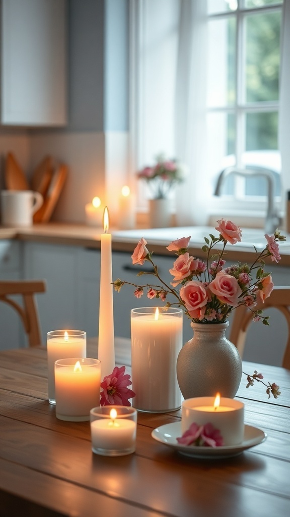 A cozy kitchen scene with various candles and a floral arrangement on a wooden table.
