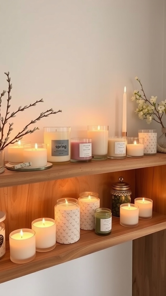 A shelf displaying various candles with a warm glow, decorated with branches and flowers.