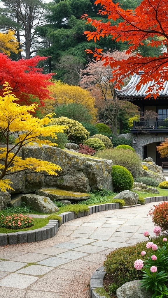 A serene Japanese garden showcasing vibrant autumn colors with red and yellow foliage, stone pathways, and lush greenery.