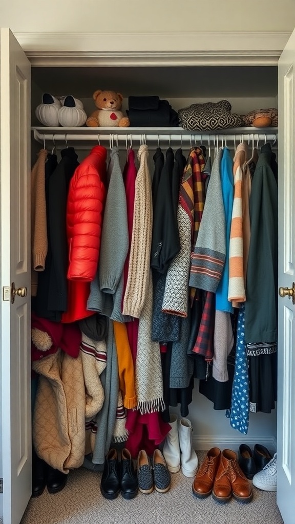 A cluttered closet filled with various seasonal clothing and shoes.