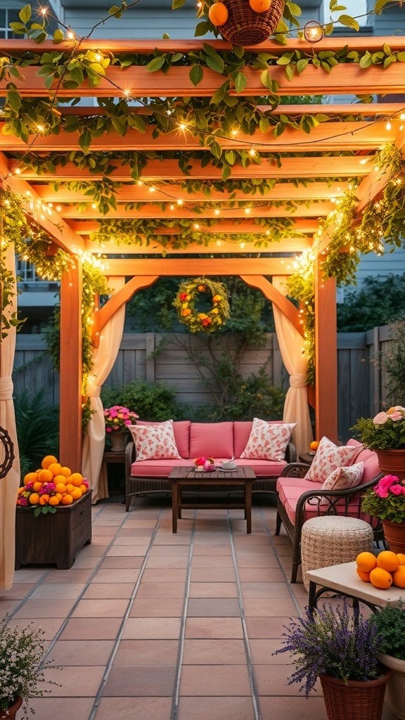 A beautifully decorated pergola with lights, greenery, and cozy seating, showcasing seasonal decor ideas.