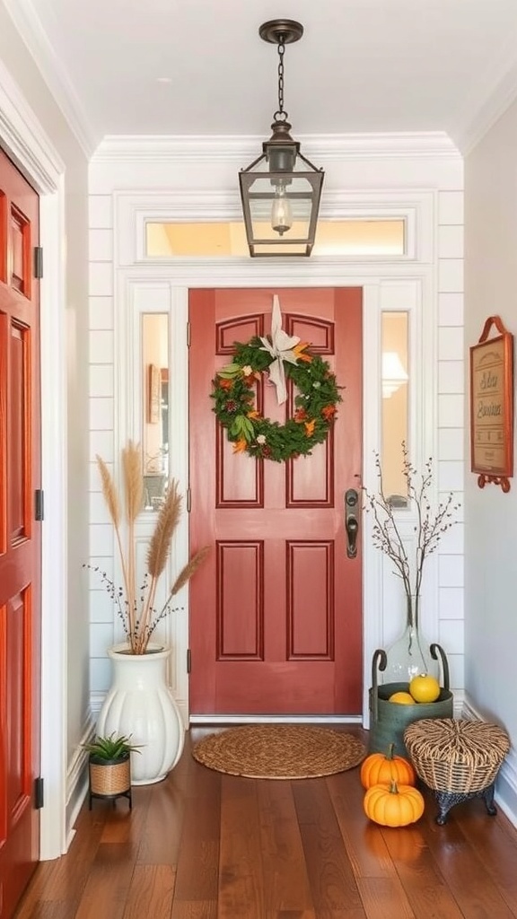 A cozy entryway featuring a red door, a wreath, pampas grass, pumpkins, and warm lighting.
