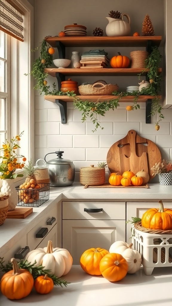 A cozy kitchen corner decorated with pumpkins, greenery, and rustic elements for fall.