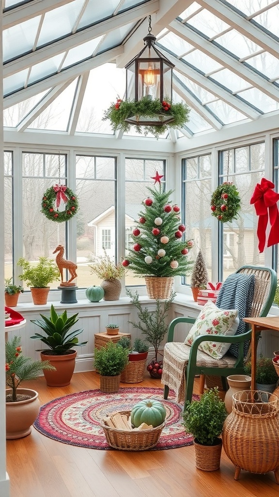 A cozy sunroom decorated for winter with a Christmas tree, wreaths, and various plants.