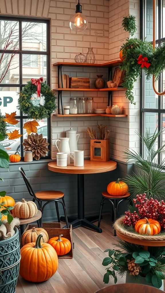 A cozy coffee corner decorated for fall with pumpkins, greenery, and warm lighting.