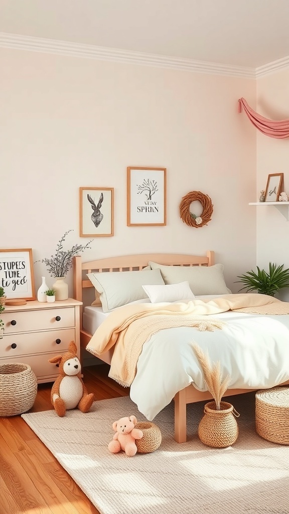 Cozy spring bedroom with pastel colors, stuffed animals, and spring-themed decor.