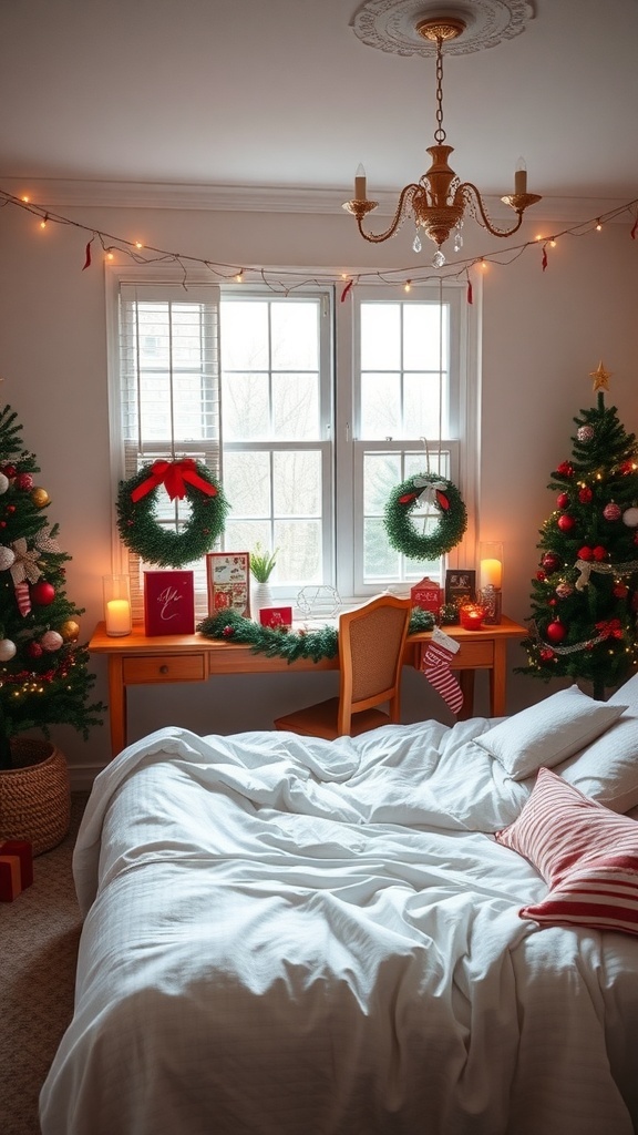 Cozy bedroom decorated for Christmas with trees, wreaths, and soft lighting.