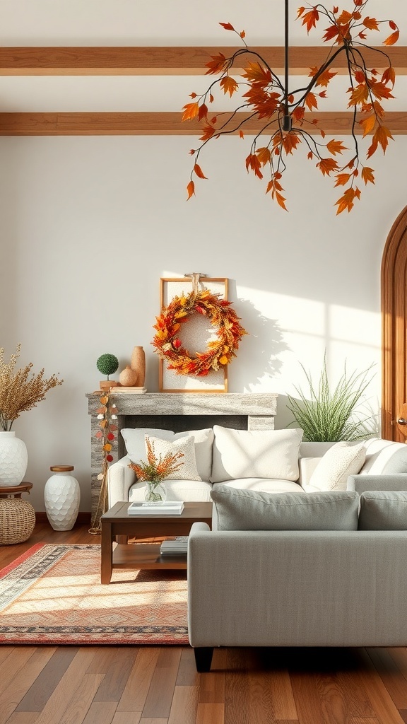 A cozy living room decorated for autumn with a wreath and hanging branches.