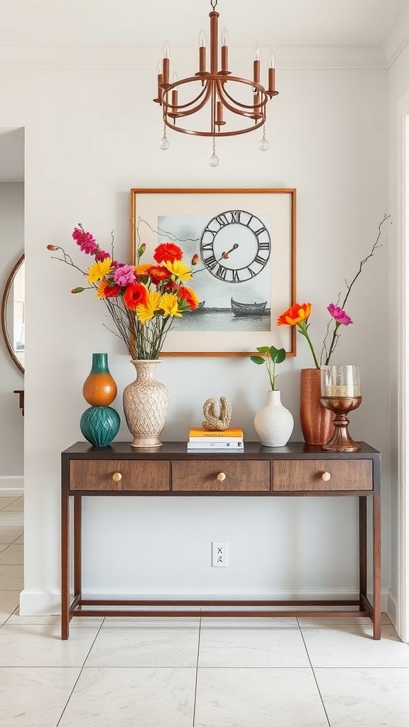 A spring-themed entryway with a console table decorated with colorful flowers and a chandelier above.