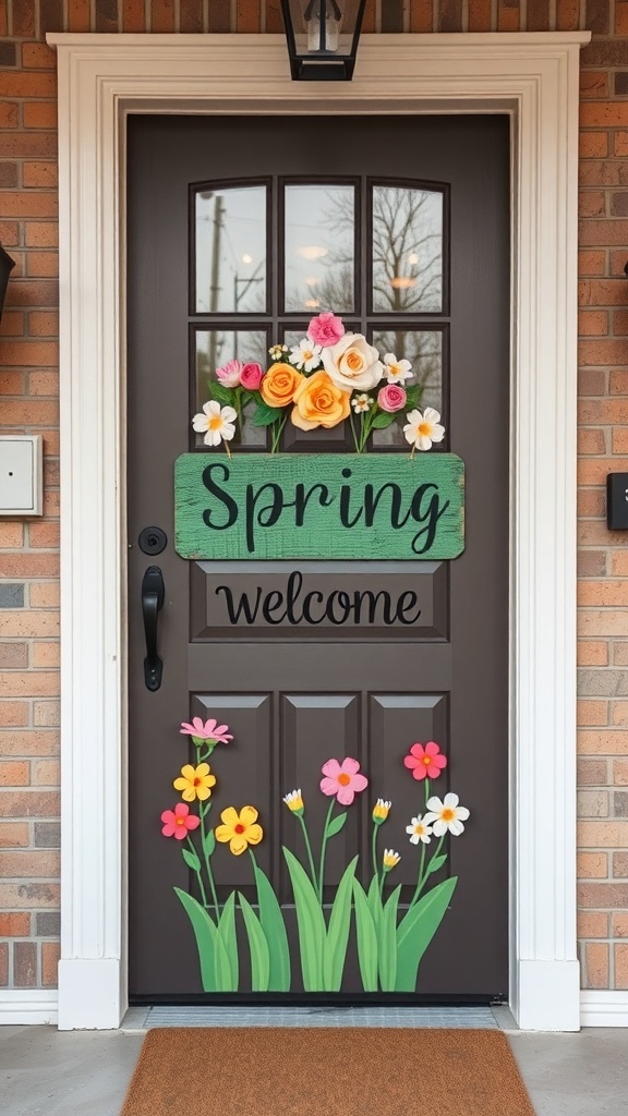 A spring-themed door sign with flowers and the text 'Spring Welcome' on a dark door.