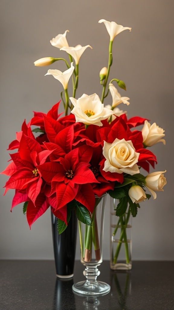 A festive floral arrangement featuring red poinsettias, white roses, and calla lilies in various vases.