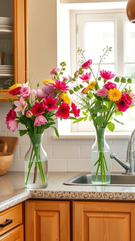 Colorful floral arrangements in vases on a kitchen countertop
