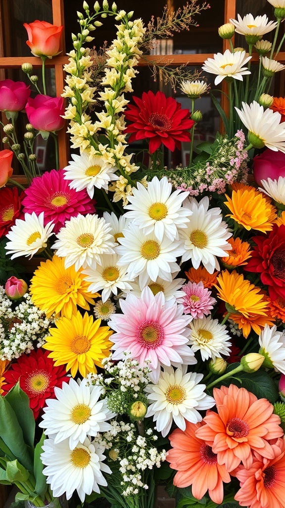 A colorful arrangement of various seasonal flowers including daisies, roses, and gerbera daisies.