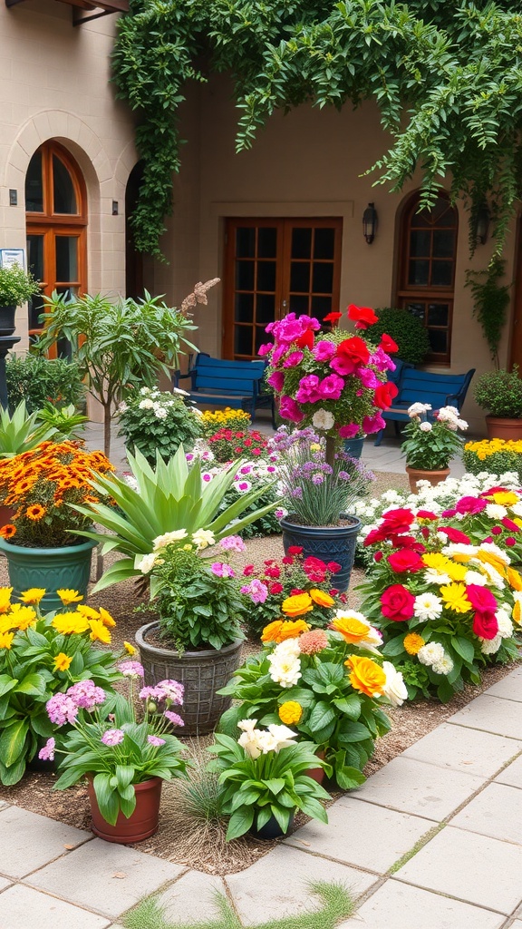 Colorful courtyard garden filled with various seasonal flowers in pots.