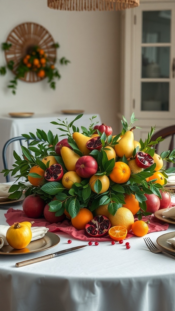 A vibrant centerpiece made of seasonal fruits including pears, pomegranates, and citrus, surrounded by greenery on a dining table.