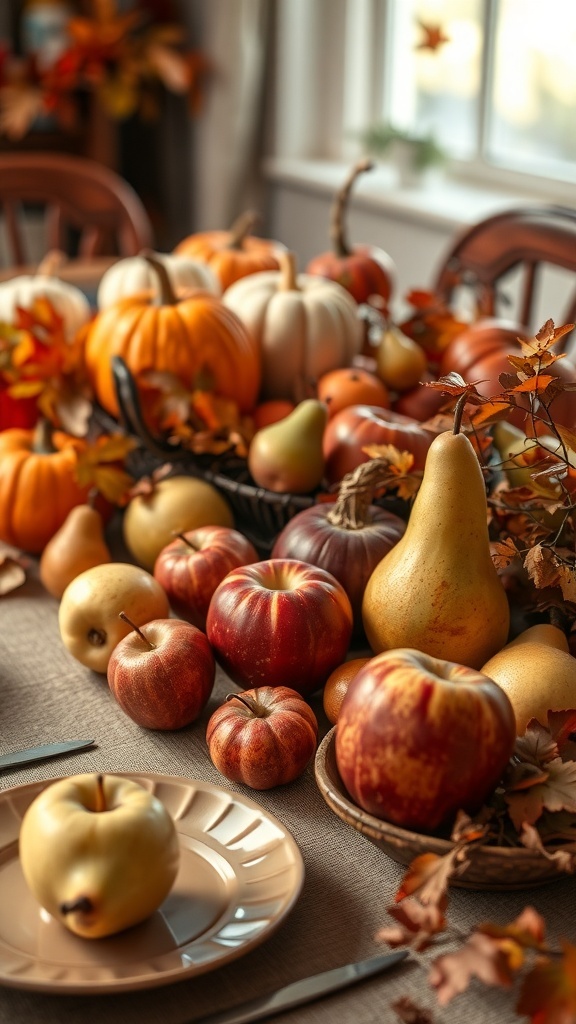 A Thanksgiving table decorated with seasonal fruits like apples, pears, and pumpkins, surrounded by autumn leaves.