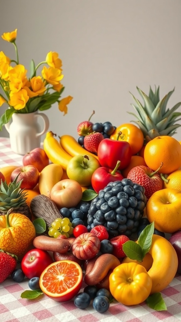 A colorful display of various fruits including bananas, apples, oranges, and berries, alongside a vase of yellow flowers.