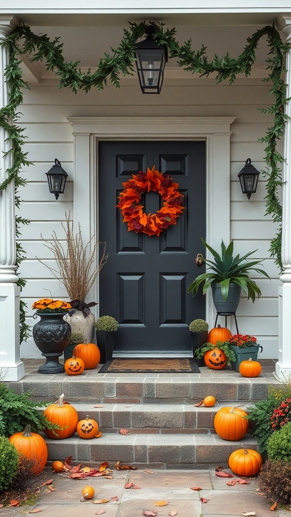 A Halloween porch decorated with seasonal greenery, pumpkins, and a vibrant orange wreath.