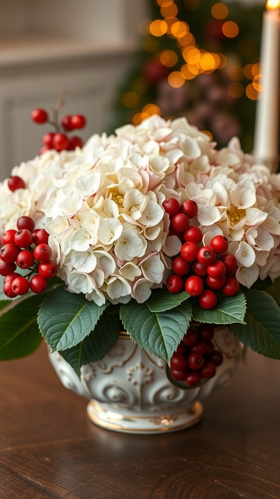 A beautiful centerpiece featuring hydrangeas and red berries in a decorative vase.