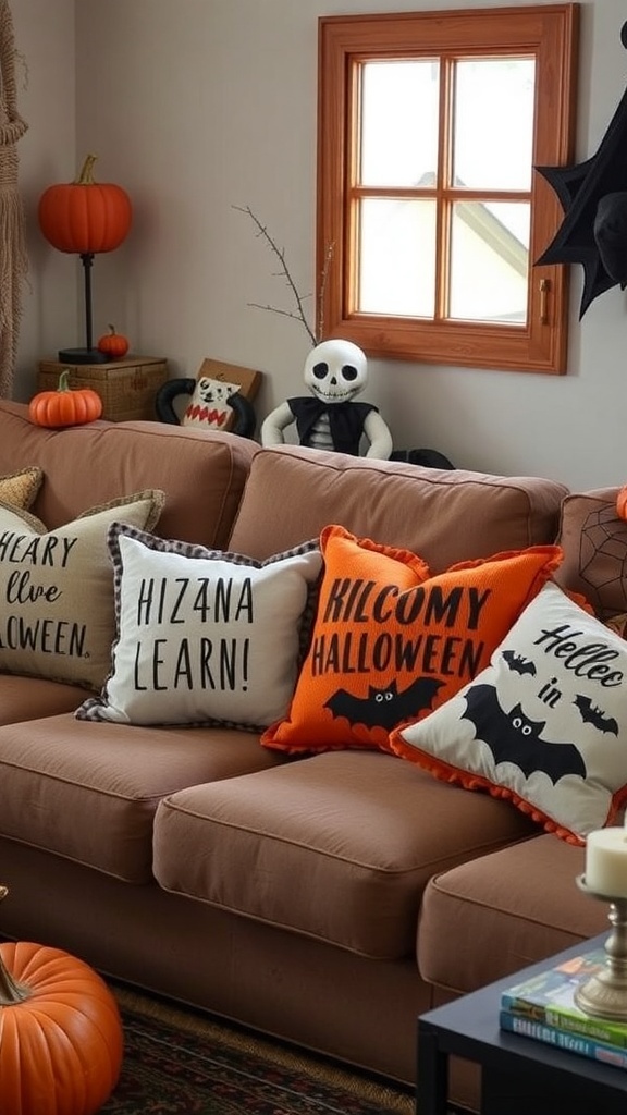 Cozy couch with Halloween-themed pillows featuring playful phrases and designs.
