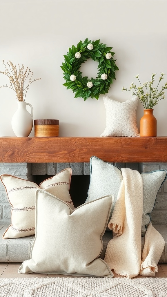 A cozy mantel decorated with seasonal pillows and a throw blanket, featuring a wreath and decorative vases.