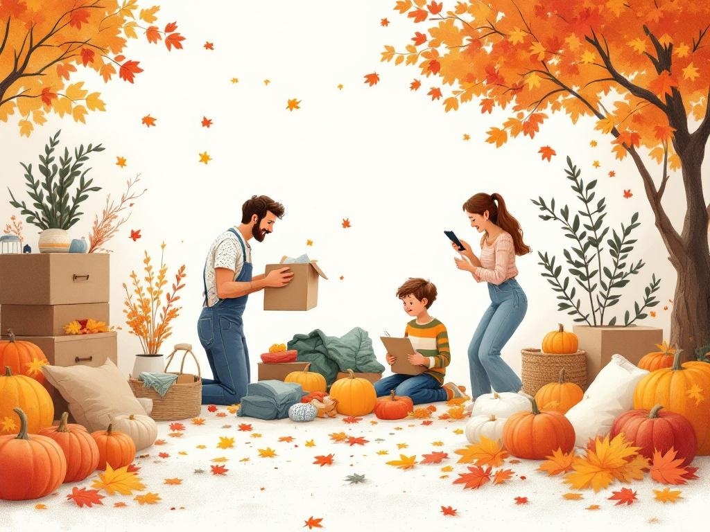 A family engaging in seasonal purging, surrounded by autumn leaves and pumpkins.