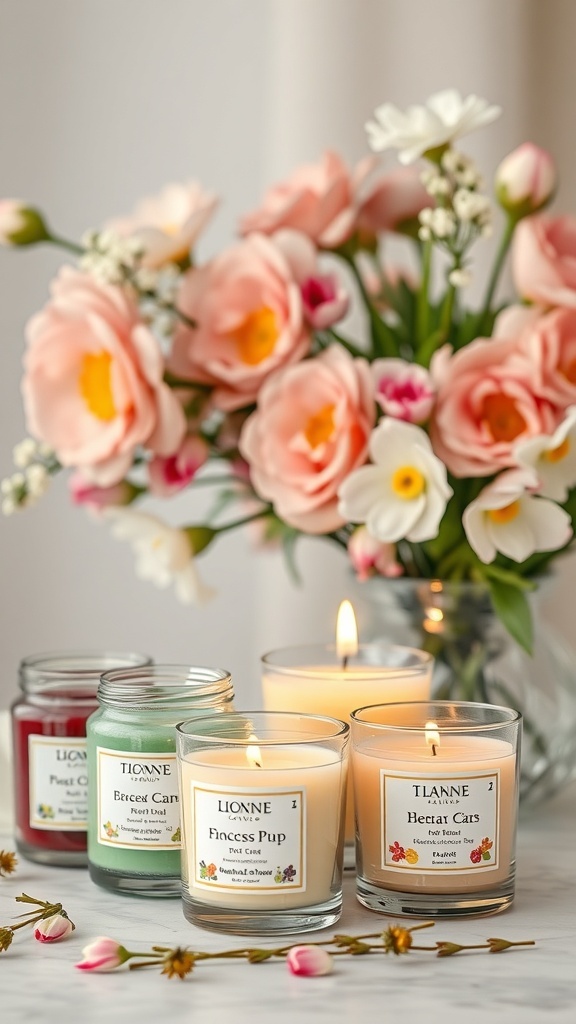 An arrangement of seasonal scented candles with floral labels next to a bouquet of spring flowers.