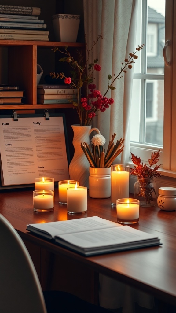 A cozy workspace with seasonal scented candles on a desk.