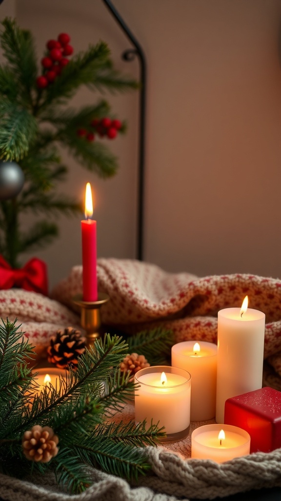 A cozy holiday scene with candles, greenery, and festive decorations.