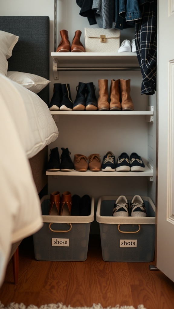 A neatly organized shoe closet with labeled bins for seasonal shoe storage.