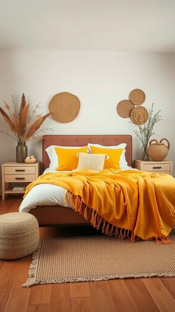 A cozy bedroom featuring a terracotta headboard, yellow bedding, and natural decor elements.