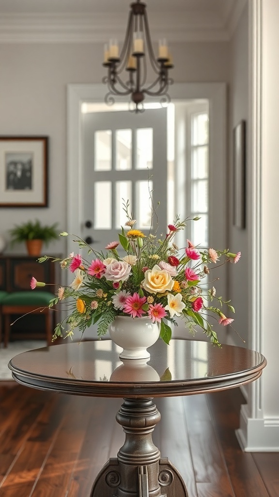 A beautiful spring floral arrangement in a white vase on a wooden table in an entryway.