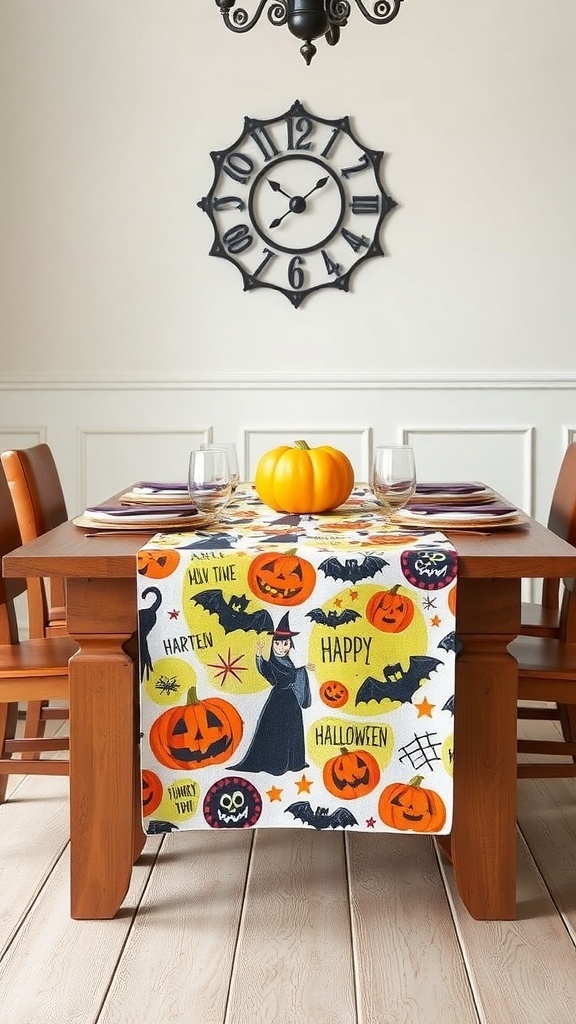 A colorful Halloween table runner with pumpkins, bats, and a witch on a wooden dining table.