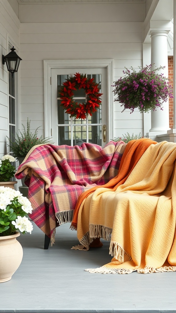 A cozy front porch with seasonal throw blankets in warm colors draped over a bench, surrounded by flowers and a wreath.