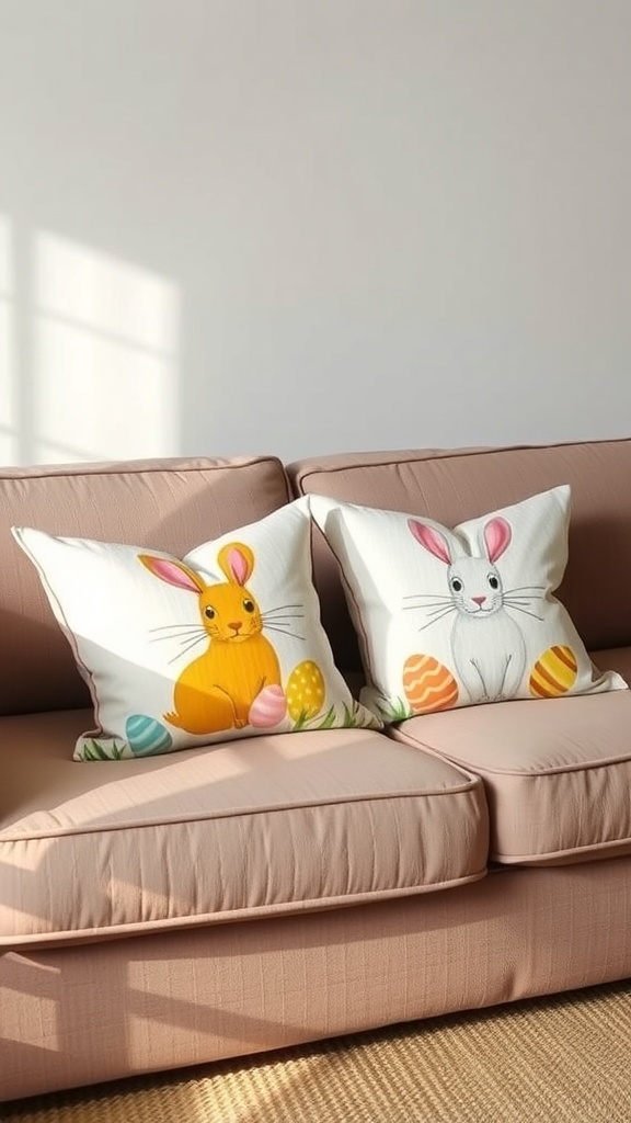 Two Easter-themed throw pillows featuring a bunny and colorful eggs on a pink couch.