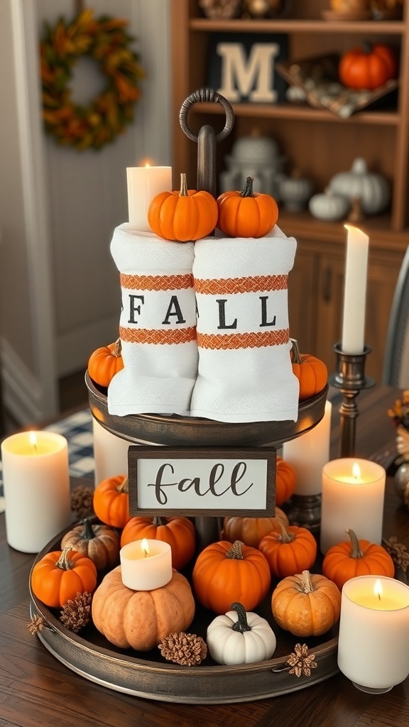 A tiered tray decorated with Pumpkin Bows Cotton Towels, small pumpkins, and candles, showcasing a cozy fall theme.