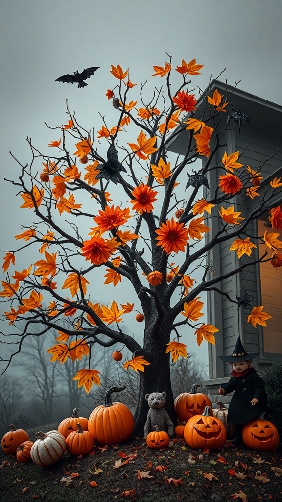 A Halloween tree with black branches, orange leaves, bats, and pumpkins, featuring a doll in a witch costume.