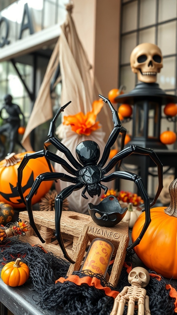 A decorative black spider figure surrounded by Halloween-themed decor including pumpkins and a skeleton.